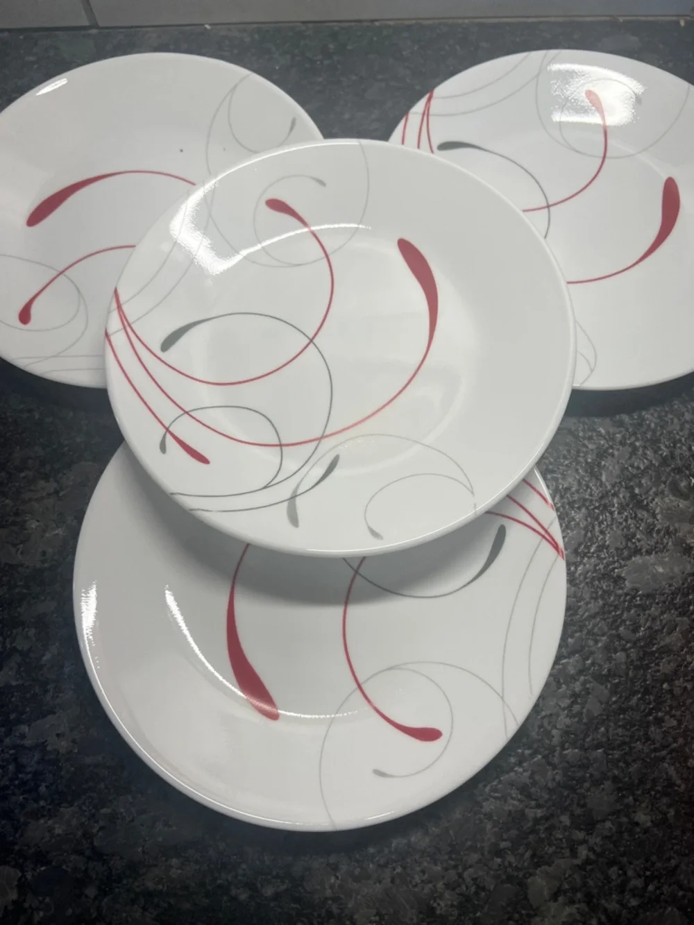 Set of 4 Vintage Corelle 7”salad Plates with Red and Gray Swirl Accent. Like new